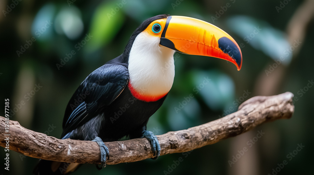 Colorful toucan perched on a branch is gazing at the camera amidst the lush greenery of the rainforest. This vibrant scene highlights the rich biodiversity of tropical habitats Colorful toucan perched on a branch is gazing at the camera amidst the lush greenery of the rainforest. This vibrant scene highlights the rich biodiversity of tropical habitats