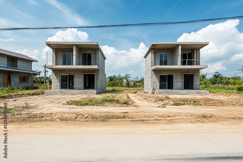 Concrete House Construction: Two-Story Buildings Under Sunny Skies Concrete House Construction: Two-Story Buildings Under Sunny Skies