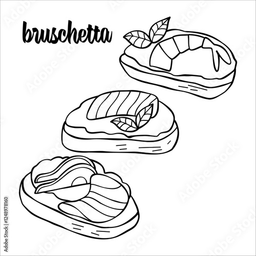 Three bruschetta with cream cheese, avocado, salmon, basil and shrimp. Great for posters, advertisements, banners, flyers and menus