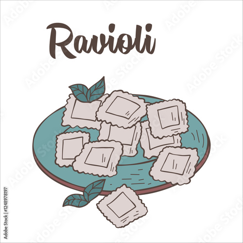 Italian dish ravioli. Outline of ravioli in a plate with basil. Italian cuisine. Great for posters, advertisements, banners, flyers and menus.