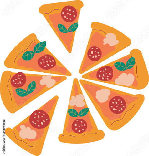 Pizza slices with basil, paperoni, salami, tomato, cheese and mozzarella on transparent background. Italian food. Great for posters, advertisements, banners, flyers and menus.