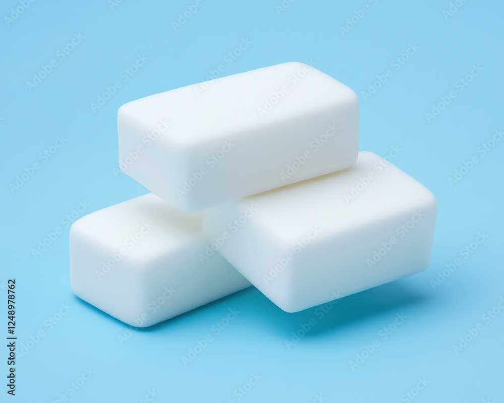 Three White Soaps on a Light Blue Background for Cleanliness Concept Three White Soaps on a Light Blue Background for Cleanliness Concept