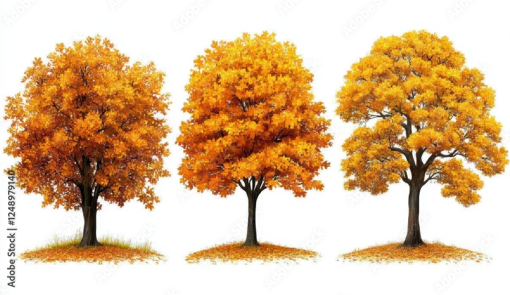 Naklejka premium Three autumn trees with golden leaves on a white background, digital illustration style