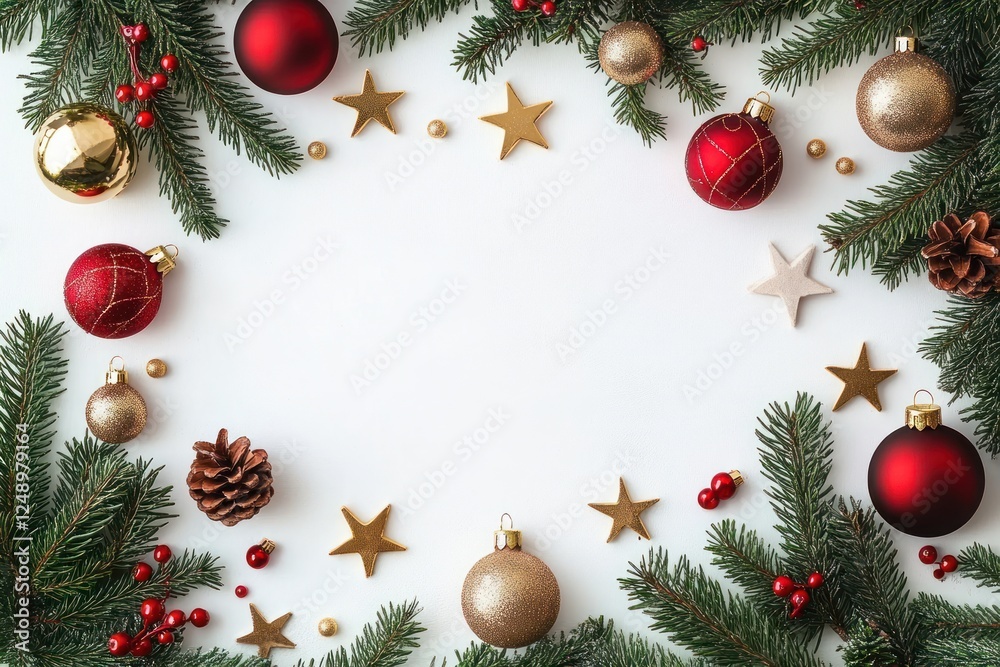 Christmas composition with fir branches red ornaments golden stars white background flat lay Christmas composition with fir branches red ornaments golden stars white background flat lay