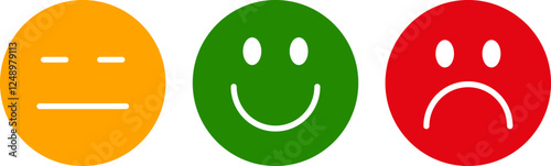 Emotions icons set. Faces or happy, neutral and sad emoji in circle shape. Yellow, green and red colors. Vector illustration. EPS 10