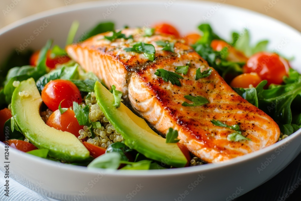 Healthy salmon fillet served on a bed of fresh greens, cherry tomatoes, and avocado slices Healthy salmon fillet served on a bed of fresh greens, cherry tomatoes, and avocado slices