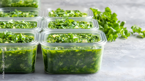 of healthy meal prep containers filled with nutritious green dishes, ready for the week  photo