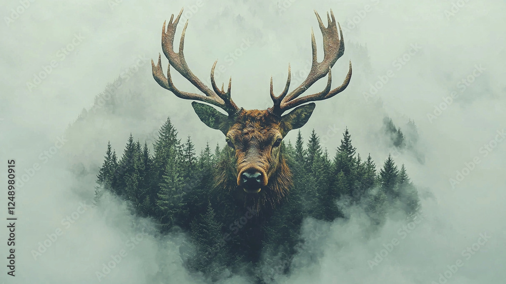 custom made wallpaper toronto digitalDouble exposure deer emerging from misty forest landscape wildlife nature photography