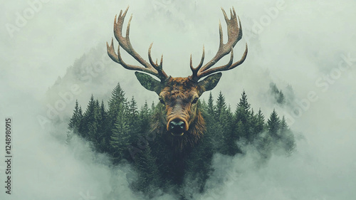 Wallpaper Mural Double exposure deer emerging from misty forest landscape wildlife nature photography Torontodigital.ca