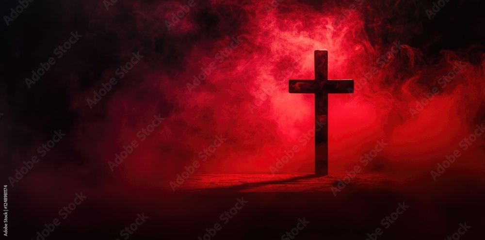 Christian cross on red background with smoke. Christian cross on red background with smoke.