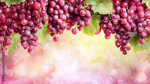 Bunch of ripe red grape cluster with leaf on blurred summer vineyard background fresh juicy purple harvest