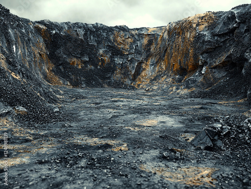 Rugged mining quarry with dark rocky terrain and steep stone walls in barren industrial landscape