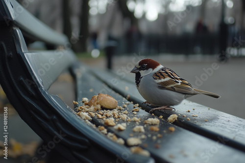 Sparrow enjoys crumbs on a park bench during the afternoon in a serene urban setting surrounded by nature and occasional passersby
