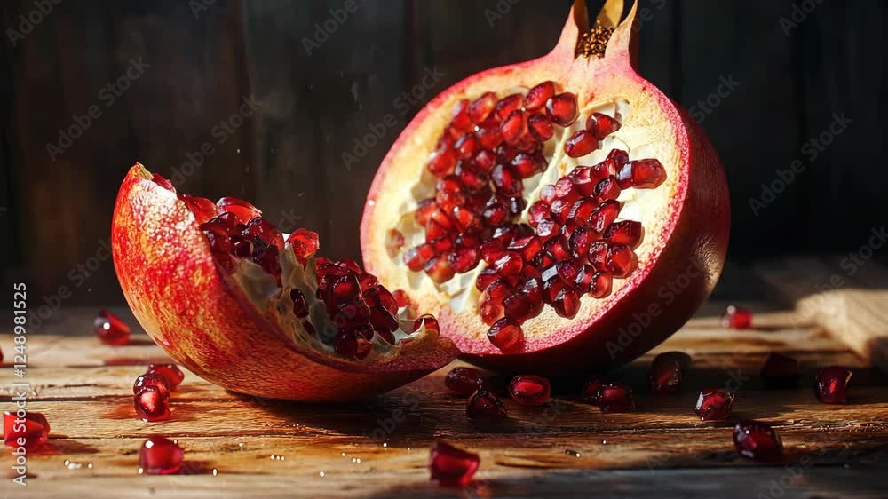 Freshly cut pomegranate with juicy red seeds spilling on a rustic wooden table