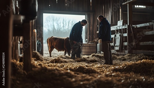 Two farmers attend to a brown highland cow in barn