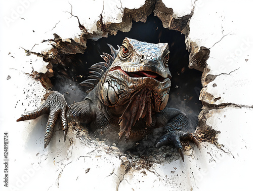 dynamic reptilian iguana emerges through dark cracked wall, artistic digital composite nature artwork