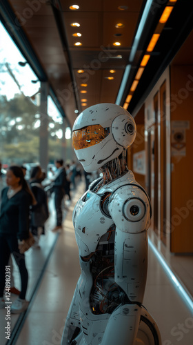 A modern boardroom with AI-powered robotic assistants translating discussions in real-time