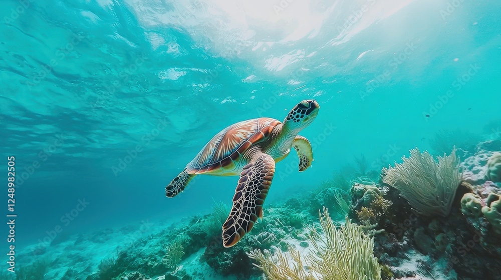 Naklejka premium Hawksbill turtle gliding over a coral reef in crystal-clear water