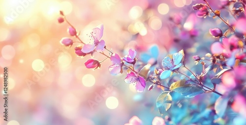 Dreamy Pastel Background with Soft Pink and Blue Hues Illuminating a Beautiful Floral Scene in Gentle Light