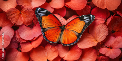 vibrant butterfly rests on bed of colorful petals, showcasing its striking orange and black wings against backdrop of soft pink and red flowers. scene evokes sense of beauty and tranquility