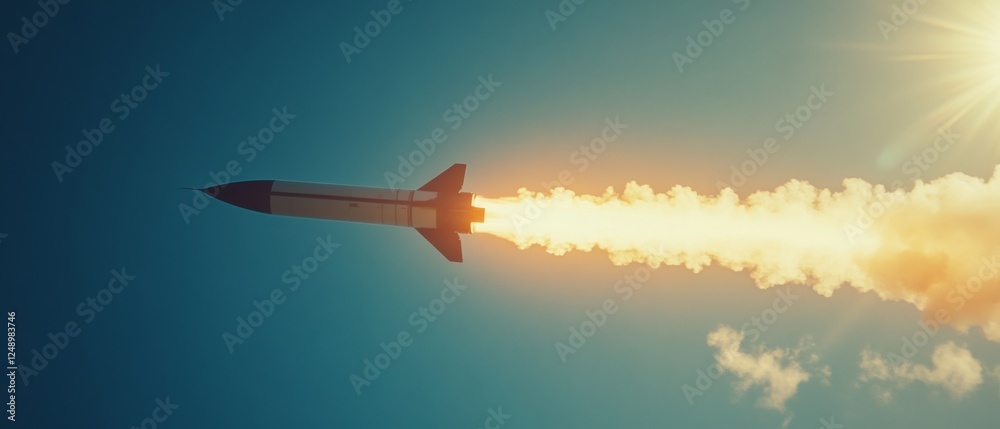 Fototapeta premium A rocket streaks through a clear, blue sky, its exhaust vividly lit by the sun, symbolizing momentum and futuristic travel.