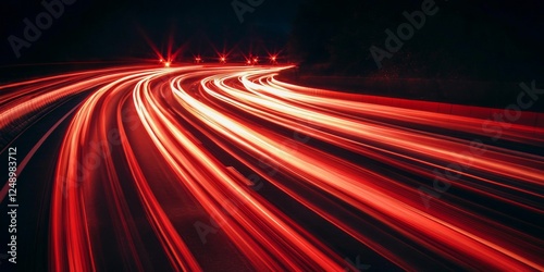 Night highway, red light trails, curve, speed, motion blur, background lights, transportation