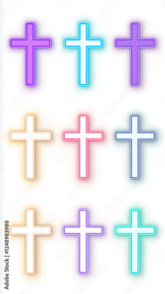 Glowing neon crosses in various colors displayed Glowing neon crosses in various colors displayed