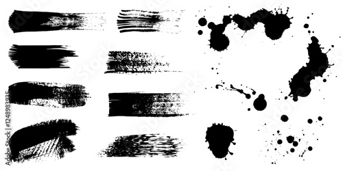 Paint brush, ink splatter, crosses, stains and paint strokes. Set of ink grunge paintbrush strokes and splash of paints. Artistic textures collection. Dirty vector design elements, backgrounds