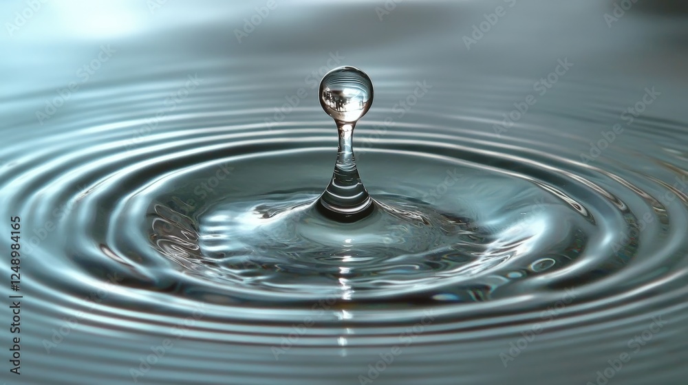 A Single Water Drop Falls Gracefully Into the Calm Surface of a Still Body of Water, Creating Ripple Effects and a Serene Atmosphere A Single Water Drop Falls Gracefully Into the Calm Surface of a Still Body of Water, Creating Ripple Effects and a Serene Atmosphere