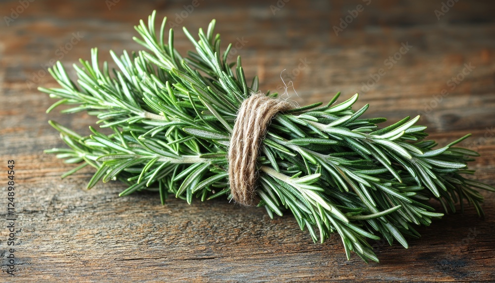 Fresh Rosemary Sprigs Tied Together on Wood Fresh Rosemary Sprigs Tied Together on Wood