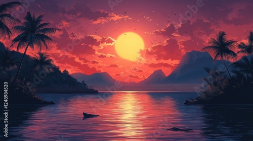 Tranquil Tropical Sunset Over a Serene Body of Water with Vibrantly Colored Sky and Silhouetted Palm Trees Framing a Distant Island Landscape