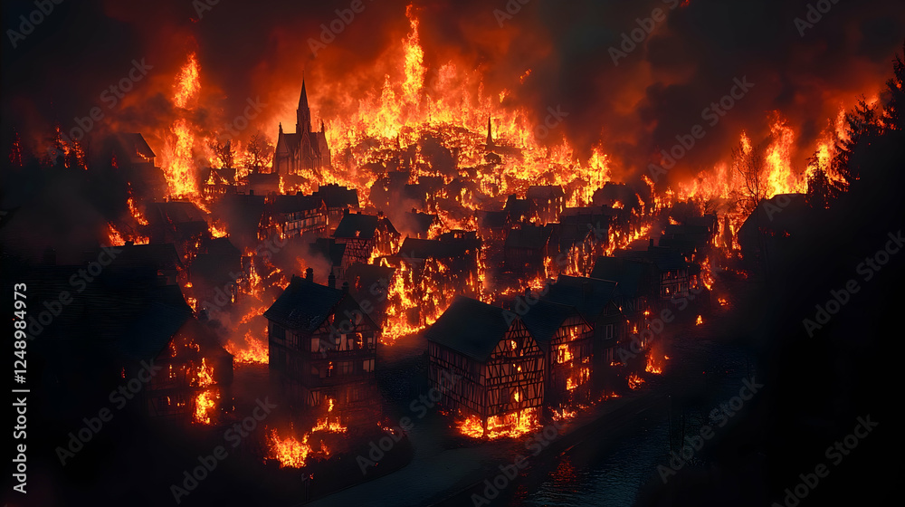 Burning Medieval Village Disaster Aerial Burning Medieval Village Disaster Aerial