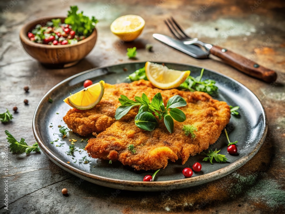 Close-up of Crispy Veal Schnitzel on White Plate - Urban Exploration Photography Style Close-up of Crispy Veal Schnitzel on White Plate - Urban Exploration Photography Style
