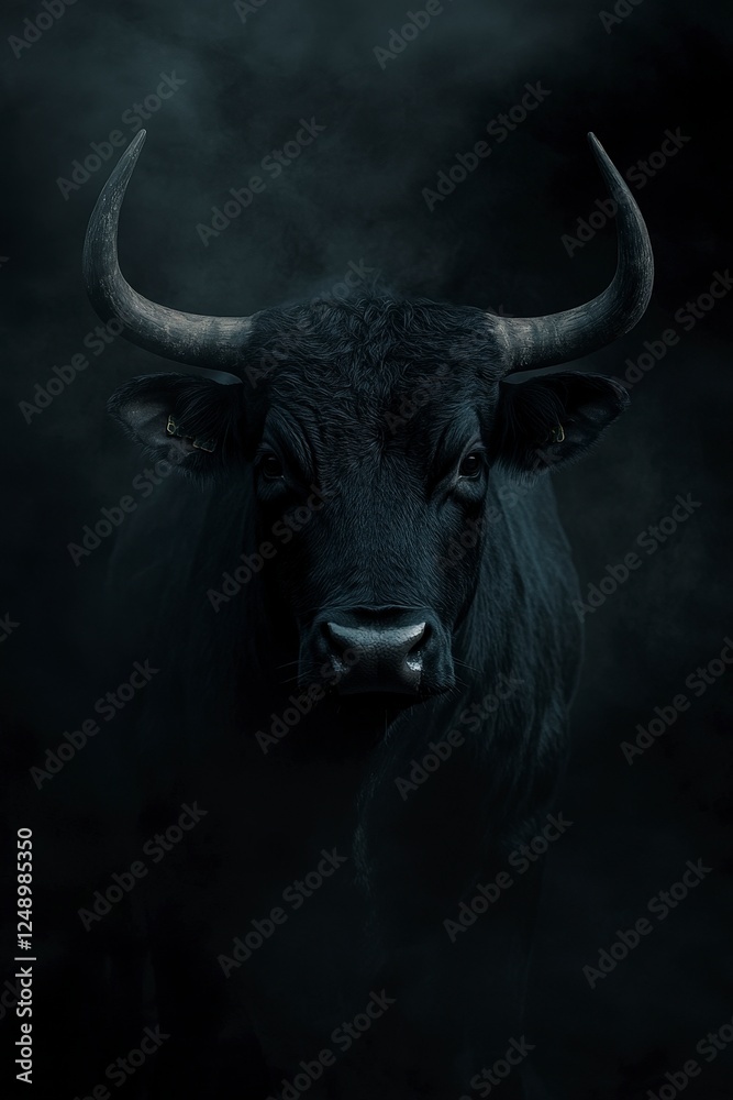 Naklejka premium Majestic Black Bull in Dark Atmospheric Setting with Smoke Effect