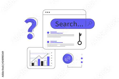 SEO marketing concept. Browser search page, search results, key, code. Looking for information in bar, surfing network. Flat Cartoon Vector Illustration, icon. Stylish abstract 