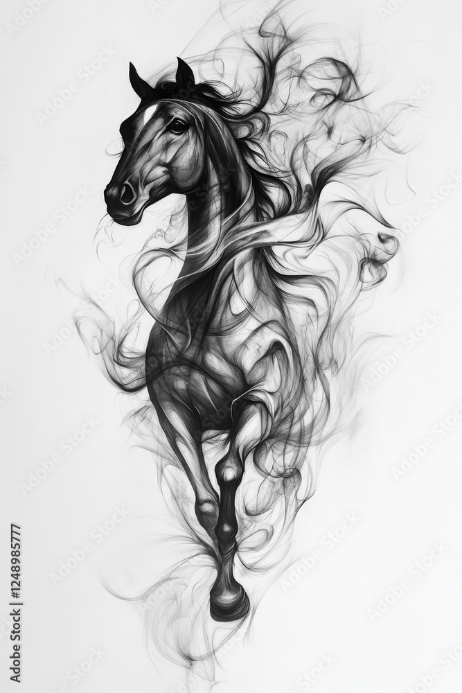 Fototapeta premium Elegant Black Horse Silhouette with Flowing Abstract Smoke Effects