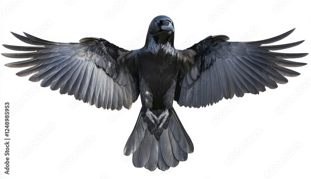 Fototapeta premium Majestic black raven soaring with wide open wings in flight