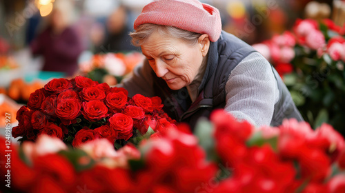 Elderly woman arranging roses at flower market stall on a busy day