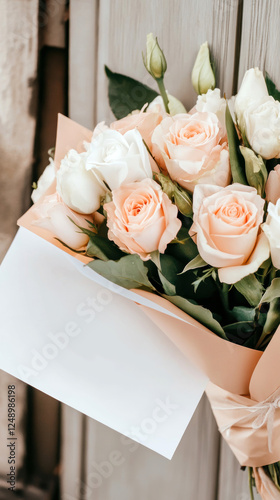 Elegant bouquet of white and peach roses with blank card on rustic wooden door