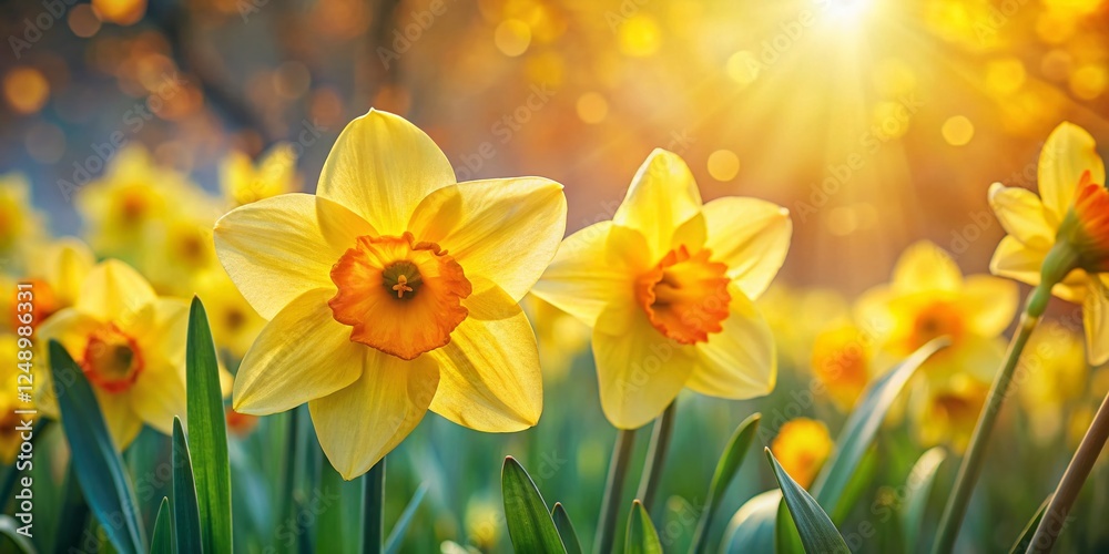 Close-up of Vibrant Yellow Daffodils in Spring Garden with Soft Bokeh Close-up of Vibrant Yellow Daffodils in Spring Garden with Soft Bokeh