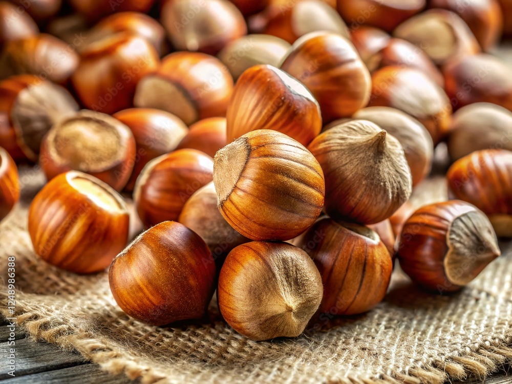 Close-up of Whole Ripe Hazelnuts Scattered on Light Fabric - Copy Space for Text Close-up of Whole Ripe Hazelnuts Scattered on Light Fabric - Copy Space for Text