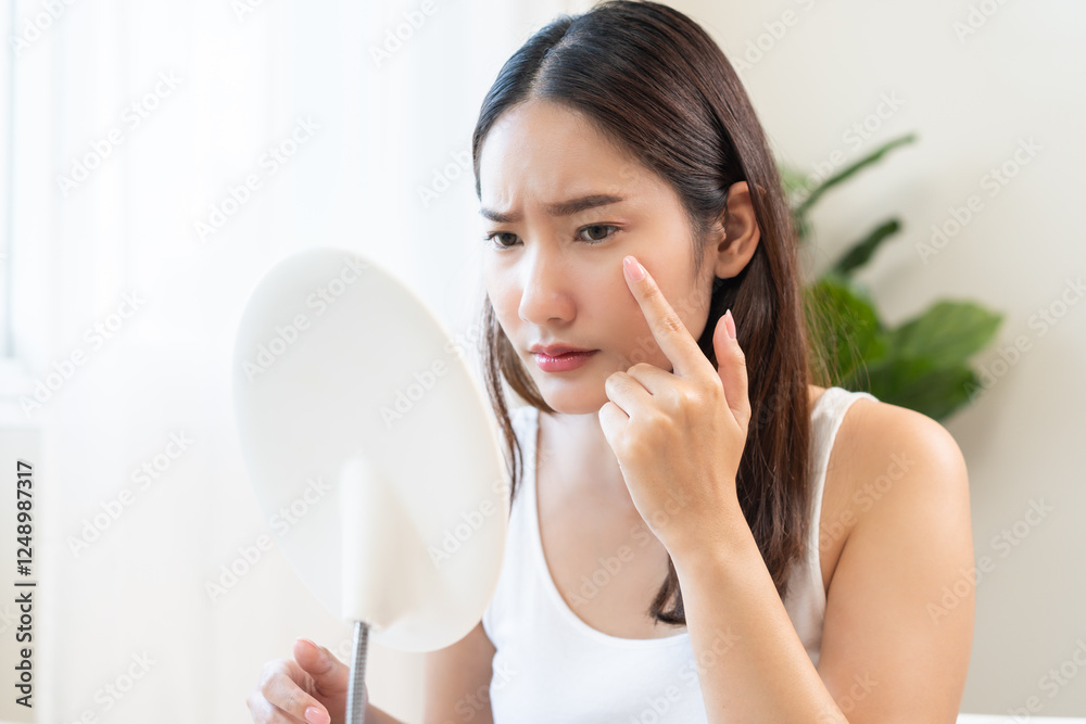 Puberty concept, worry asian young woman, stressed looking in mirror, cute girl allergy presenting allergic reaction from cosmetic on face. Beauty, health care from acne problem, dry skin, treatment. Puberty concept, worry asian young woman, stressed looking in mirror, cute girl allergy presenting allergic reaction from cosmetic on face. Beauty, health care from acne problem, dry skin, treatment.