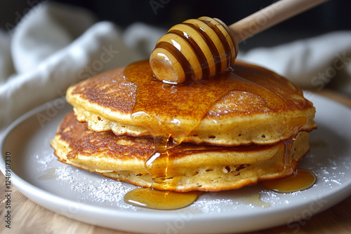 Hot pancakes with honey dripping on top photo