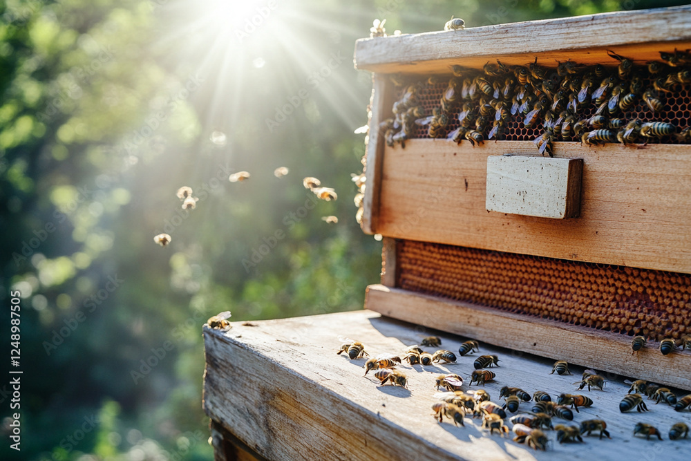 Wooden beehive in sunlight with a swarm of bees Wooden beehive in sunlight with a swarm of bees