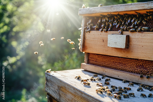 Wooden beehive in sunlight with a swarm of bees photo