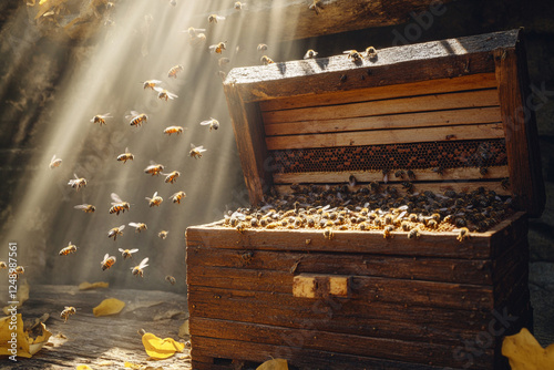 Wooden beehive in sunlight with a swarm of bees photo