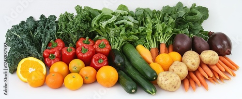 A paper bag containing fresh vegetables and fruits, including tomatoes, peppers, carrots, potatoes