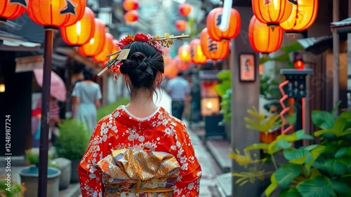 A woman wearing a red kimono walks down a street with lanterns hanging overhead. The lanterns are orange and the woman is the main focus of the image. The scene has a traditional