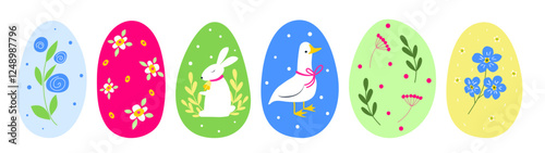 Spring and Easter set of cute eggs with goose, rabbit and flowers, green  branches and decorations. Good for poster, card, scrapbooking , tag, invitation, sticker kit. Hand drawn vector illustration.
