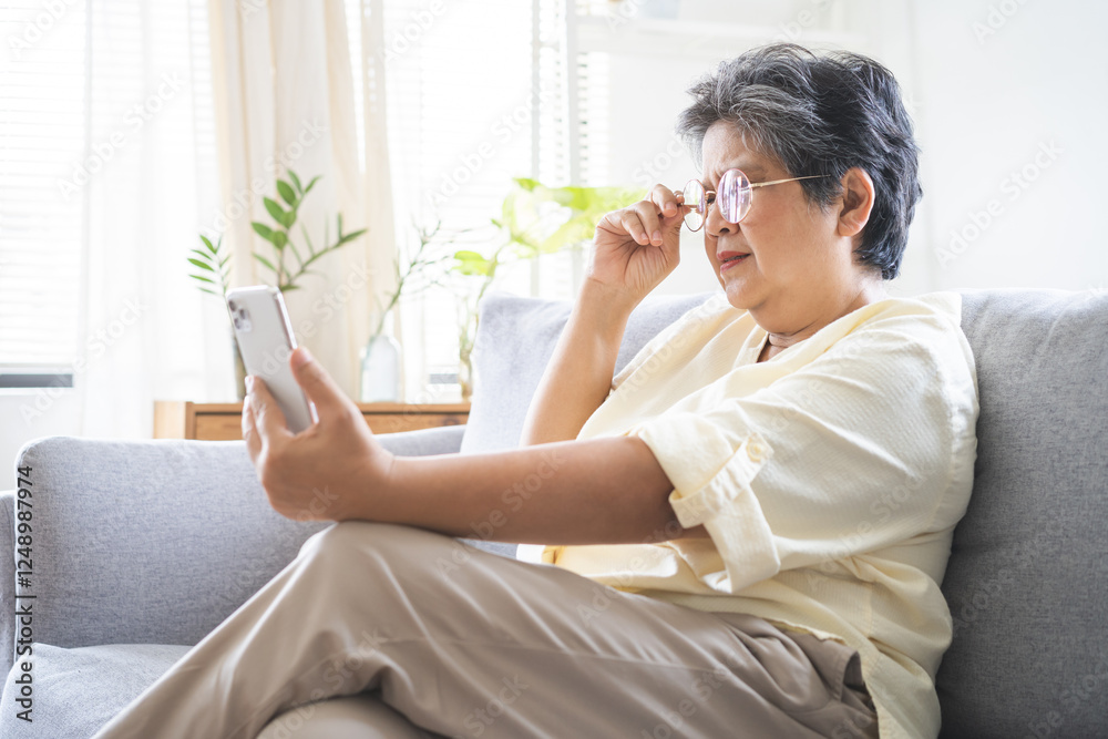 Presbyopia, Hyperopia mature, aged asian woman wearing glasses having vision problem trying to stare text on smart mobile phone screen, eye disease of elderly. Poor eyesight farsightedness concept. Presbyopia, Hyperopia mature, aged asian woman wearing glasses having vision problem trying to stare text on smart mobile phone screen, eye disease of elderly. Poor eyesight farsightedness concept.